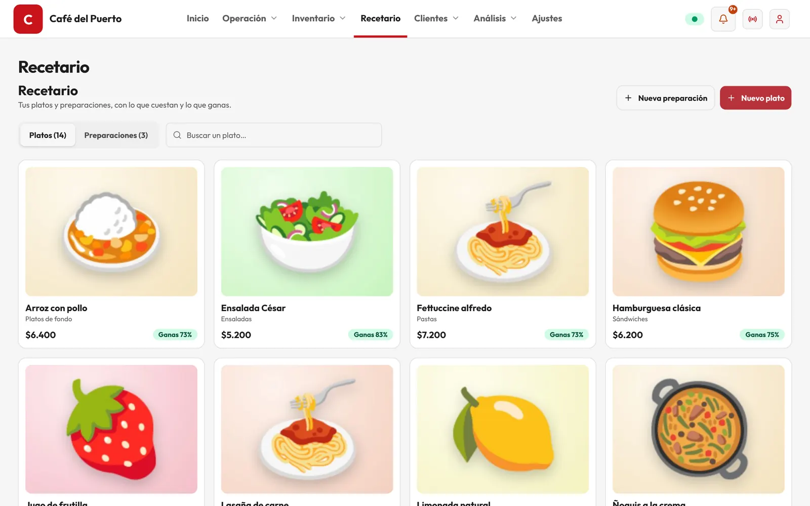 Kocina: receta de un plato con su costo y margen